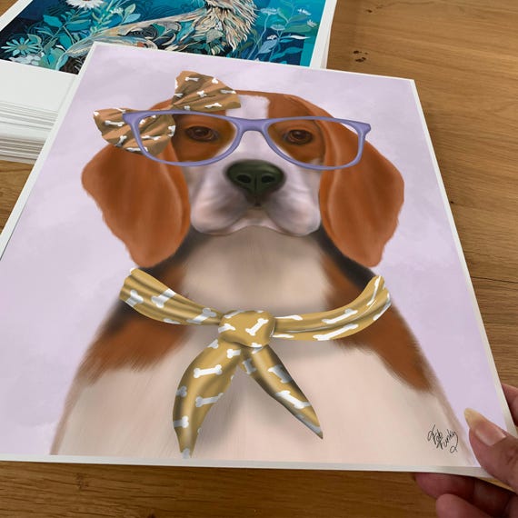 ビーグル犬のアートプリント、メガネをかけた犬、犬好きの女の子への
