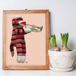 Music room decor - Sock Monkey Playing Trumpet - Music room art gift for musician musical nursery print cute art sock monkey art idea image 1