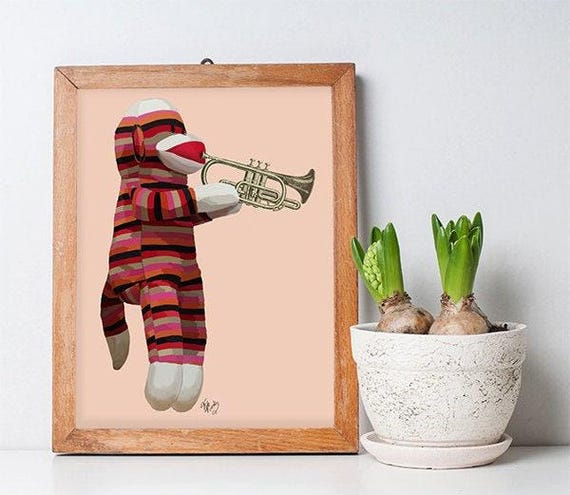 Music room decor -  Sock Monkey Playing Trumpet - Music room art gift for musician musical nursery print cute art sock monkey art idea
