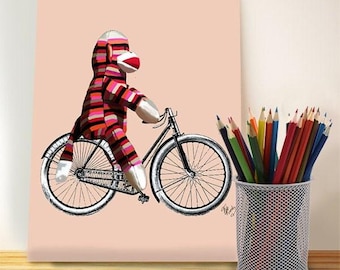 Sock Monkey Bicycle Art Print – Whimsical Nursery Decor