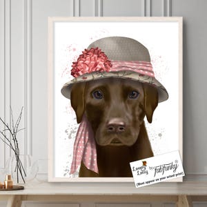 Labrador Chocolate hat pink scarf Sister gift idea Country home decor Retriever brown dog Farmhouse wall art Choc lab lover large canvas