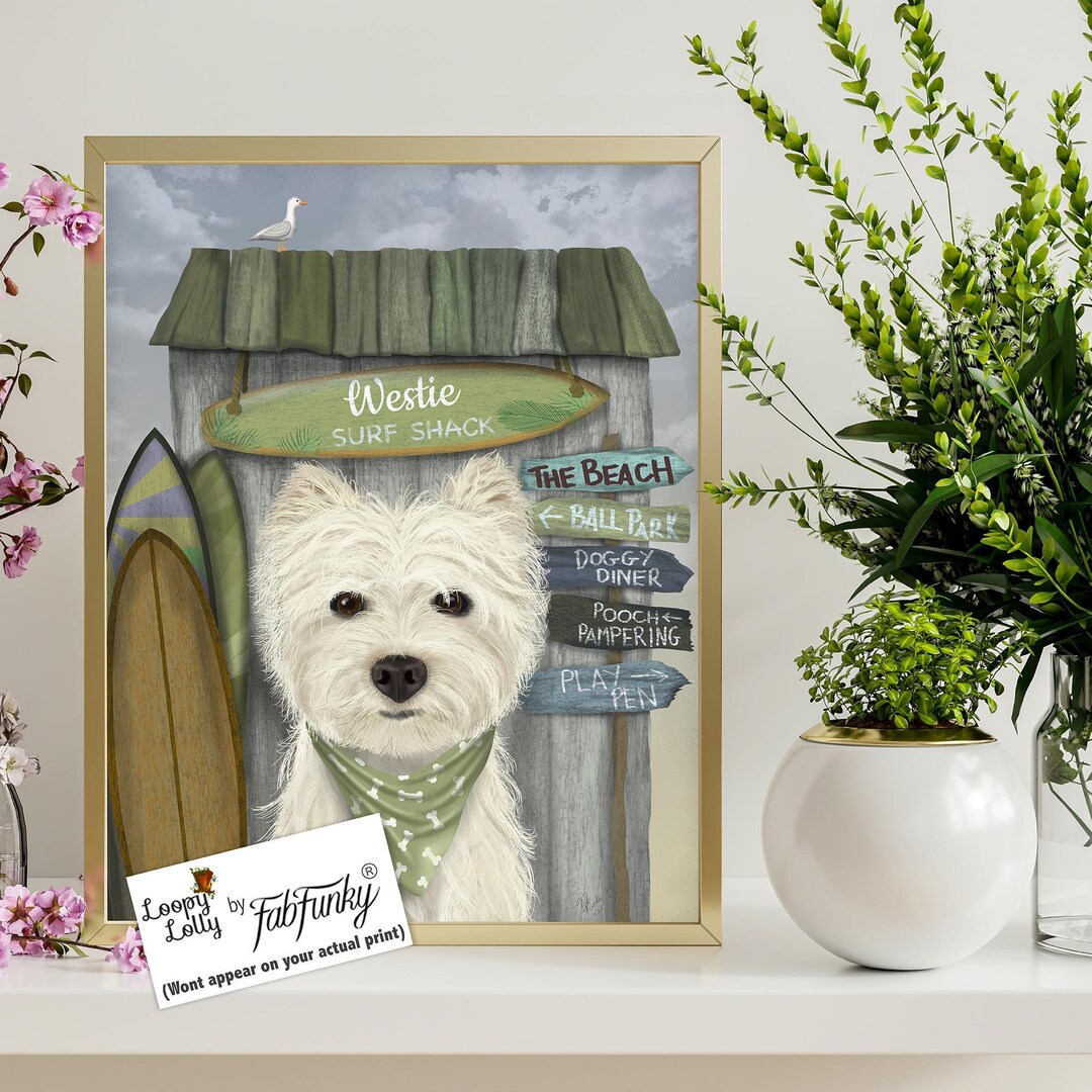 West Highland Terrier Art Print, Funny Surf Westie Dog Wall Art, Quirky ...