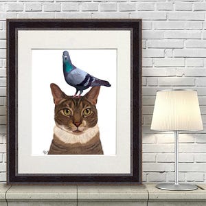 Tabby cat wall art - Pigeon on Head - calico cat print tabby call print home decor wall art print Whimsical art cat decor cat portrait