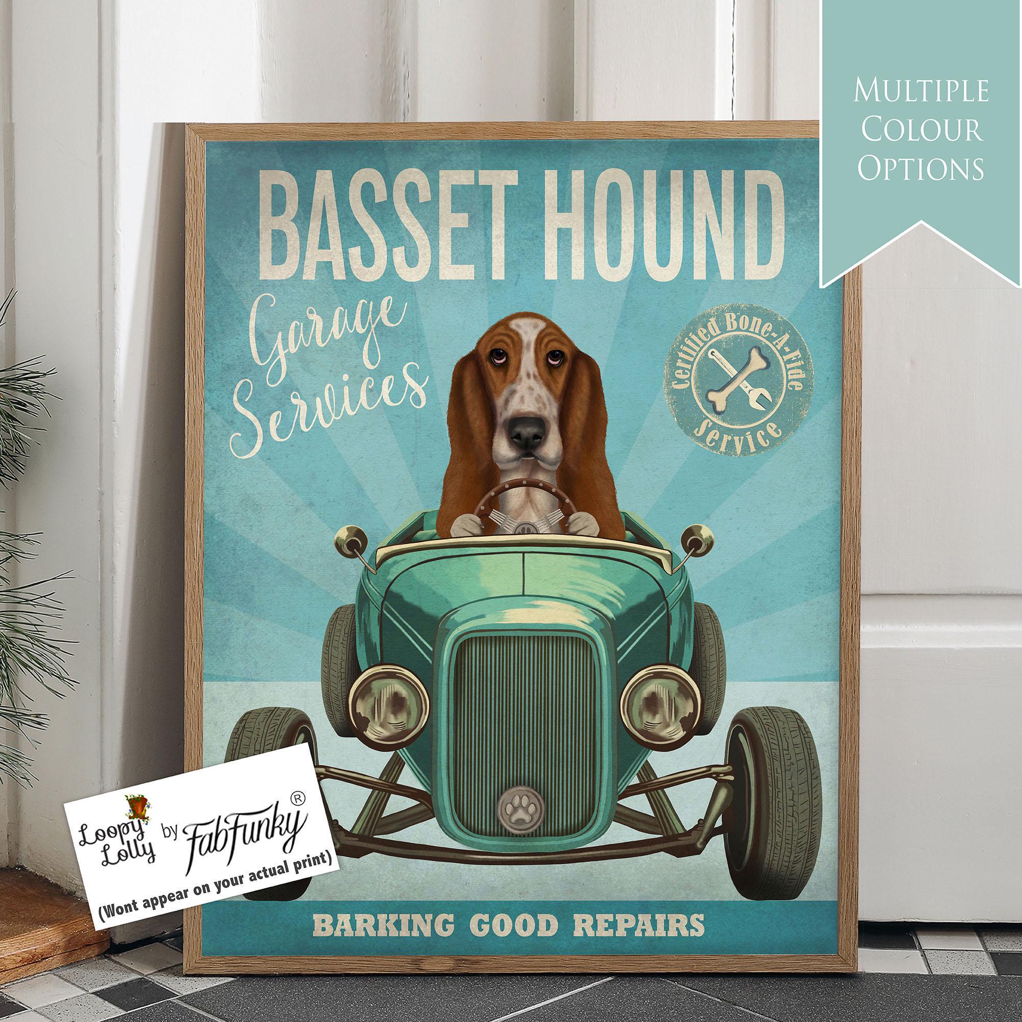 Basset Hound Hot Rod Art Print, Funny Dog Garage Poster - Etsy