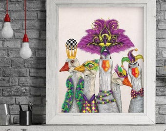 Mardi Gras Geese Art Print - Farmhouse Animal Nursery Decor
