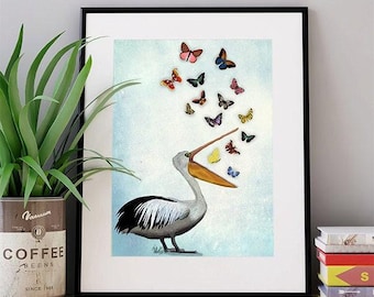 Pelikan i motyle, wydruk giclee, dekoracja ścienna w stylu nadmorskim