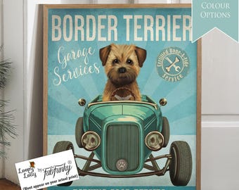 Border Terrier Art Print, Whimsical Dog in a Hot Rod Car, Vintage Garage Wall Decor