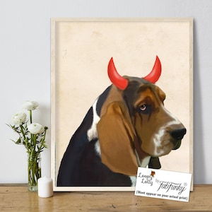 Basset Hound Wand Kunst Druck, Lustiges Hunde Portrait mit Teufel Hörnern, Handgemachtes Bild für Haustier Liebhaber