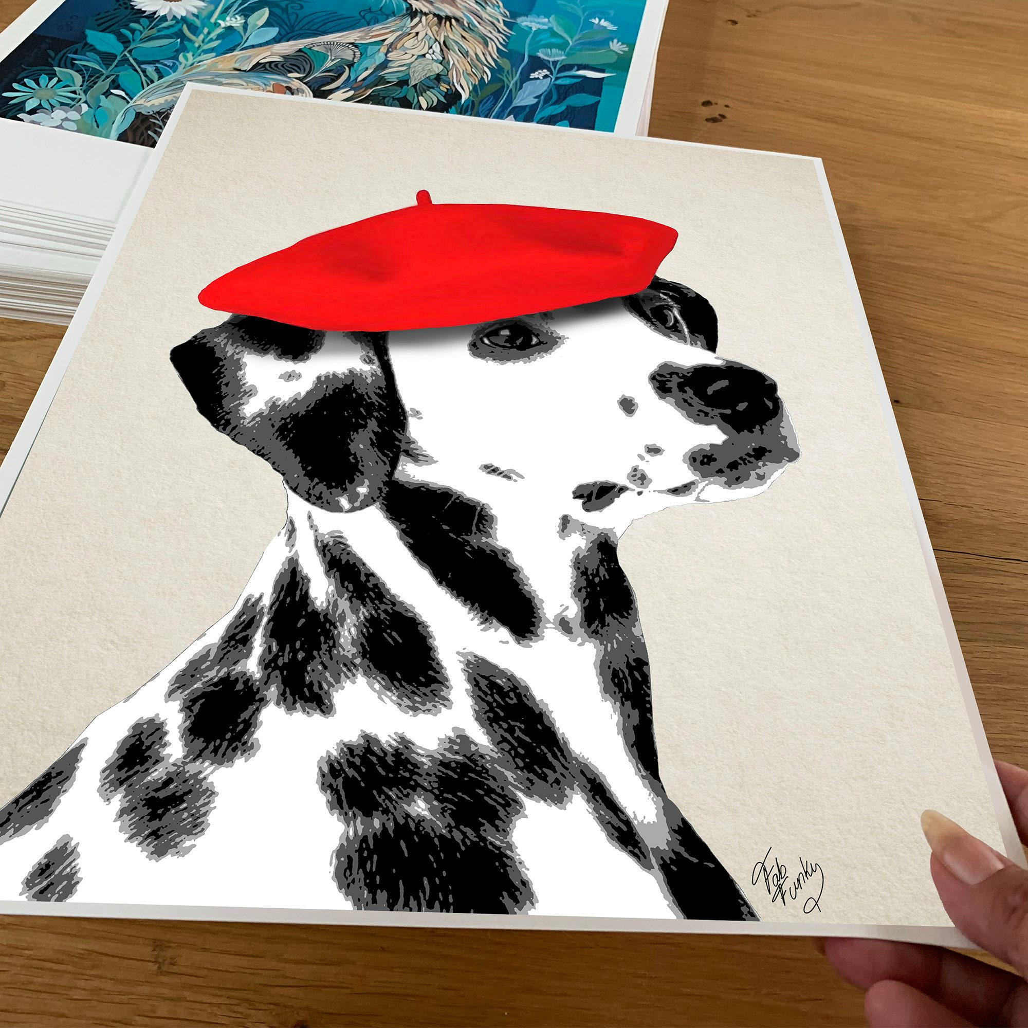 Dalmatian Art Print, Funny Spotty Dog Portrait in Red Beret  display picture 1