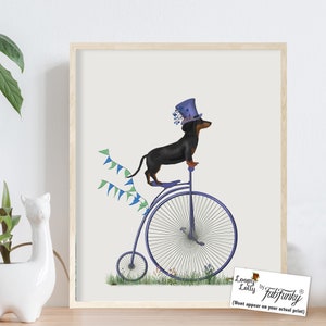 Dachshund print, Dachshund gift, Cute dog print, Dachshund decor, Cycling wall art, Dog on bicycle, Bike art decor, Dog nursery wall art