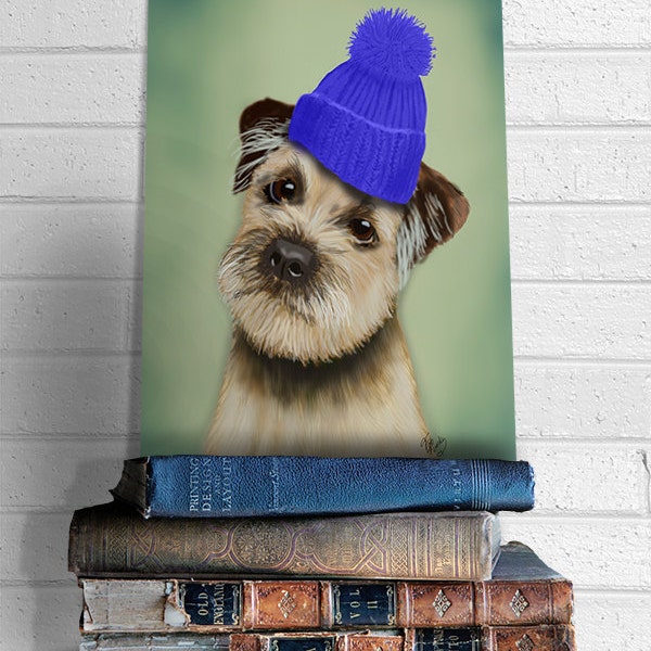 Border Terrier Print  With Blue Hat, Terrier Picture Wall Art Dog Print terrier illustration, dog hat norfolk terrier norwich terrier