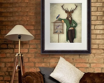 Deer and Bamboo cage - deer print stag print deer decor poster deer home wall decor gift for men Deer art print Wall art