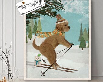 Gold Labradoodle Art Print, Funny Goldendoodle Wall Art with Skis, Playful Vintage Style Skiing Artwork
