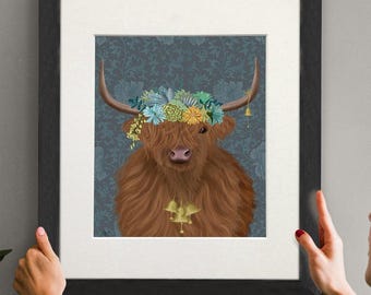 Highland Cow Art Print: Bohemian Floral Crown, Scottish Decor