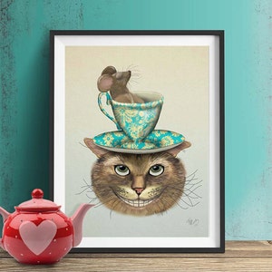 Cheshire cat poster - Cheshire Cat & Cup  - alice in wonderland art alice in wonderland print alice in wonderland decoration dormouse