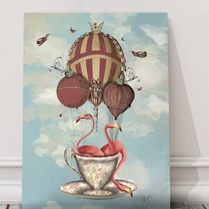 Pink Flamingo Teacup Hot Air Balloon Art Print, Nursery, Kids Room
