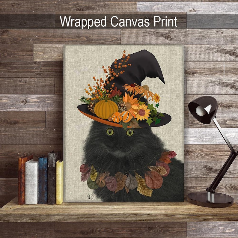 Retrato de Gato Preto com Chapéu de Outono – Decoração de Halloween, Pôster em Tela Artística imagem 6