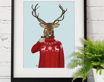 Deer in Ski Sweater Art Print – Cabin, Lodge Decor