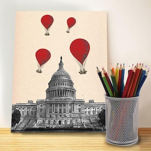 US Capitol Building  Red Hot Air Balloons Digital Illustration Drawing Poster Digital Print Wall Art Wall Decor Wall Hanging
