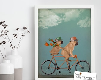 French bulldog gift - French bulldog print on tandem - bike wall decor cycling wall hanging Gift for cyclist bicycling bulldog art print