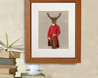 Lámina artística "Cazador de ciervos", chaqueta roja fucsia estilo Regencia, decoración de pared con ciervos.