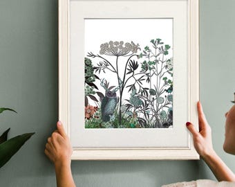 Owl room decor, Wildflower bloom owl print, owl painting, fantasy art print, wildflower decor, floral painting, living room decor, owl art