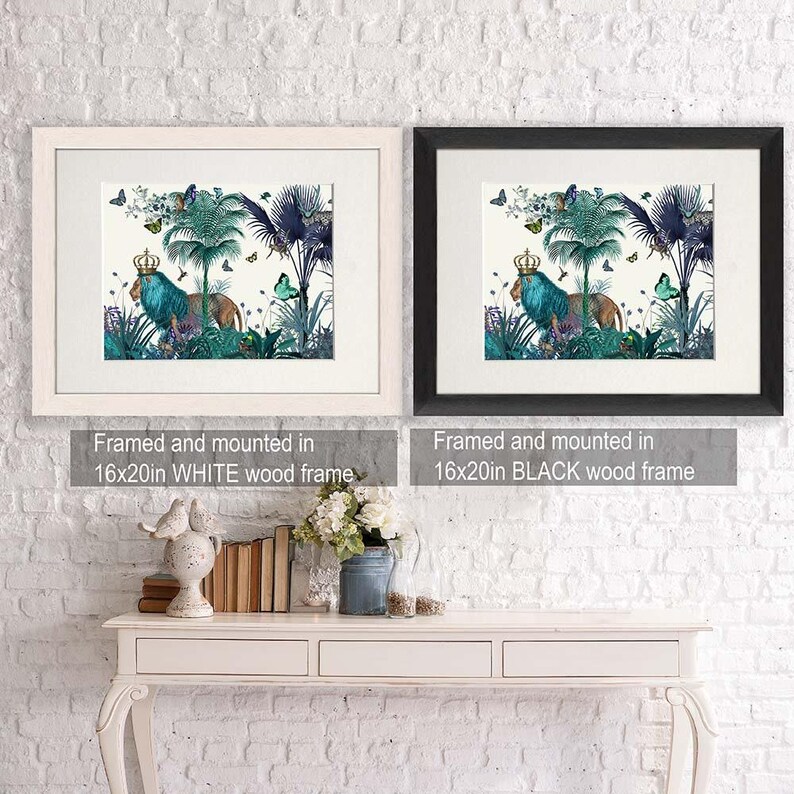 Lion Print - Blue Lion in Tropical Jungle - lion illustration lion picture tropical decor tropical leaf tropical Print jungle print colorful image 6