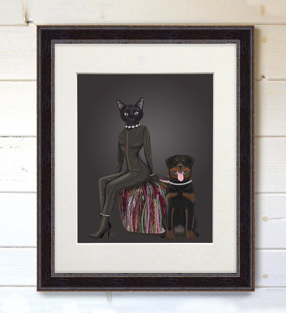 Erotic Painting Black Cat And Rottweiler Gay Room Decor Bondage Art Print Kinky Bedroom Decor Above Bed Art Bdsm Print Sexy Gift Wife