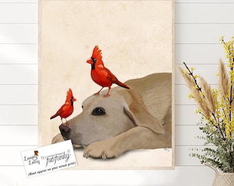 Labrador retriever and Red Birds - Yellow Labrador print yellow labrador illustration yellow labrador painting labrador wall art lab print