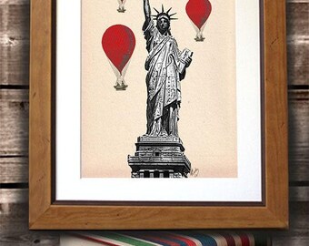 Statue of Liberty Art Print, Red Hot Air Balloons, Mixed Media Wall Decor