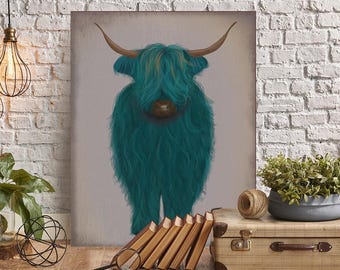 Highland Cow Turquoise Giclee Print: Ranch Decor Bull Art