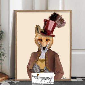 Steampunk Fox Wall Art, Cute Female Fox art print, country home decor, beautiful fox portrait top hat, framed or unframed, fox lover gift