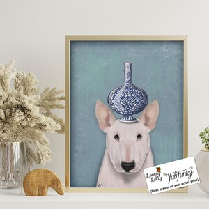 Bull Terrier Picture - Funny Dog with Blue and White Vase - Quirky Pet Portrait Wall Art Gift for Animal Lovers