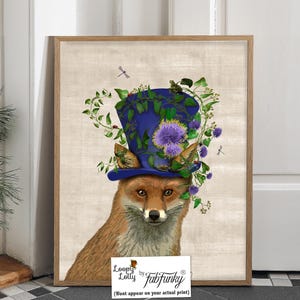 Mad Hatter Fox-kunstprint - Alice in Wonderland kunst aan de muur, vos in hoge hoed, landhuisdecor, vosportret, ingelijst of niet-ingelijst, cadeau vosliefhebber