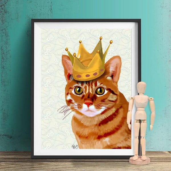 Ginger Cat King Art Print, Whimsical Cat Wall Decor