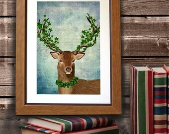 The Green King - Deer Art Deer Print Digital Stag Illustration Wall Decor Wall hanging Wall Art Stag Picture Deer Illustration Painting