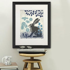 Hare painting, Lino cut style, Country garden art, Rabbit illustration, Botanical decor, Blue wall art, Woodland critter, Large canvas art