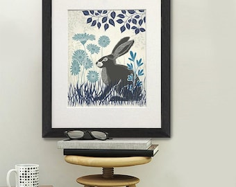 Hare Art Print, Lino Cut Style Rabbit, Botanical Decor