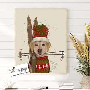 Labrador gift Yellow lab dog print - Yellow Labrador skiing - Yellow lab decor Dog canvas art Dog painting Dog owner gift Canvas print dog