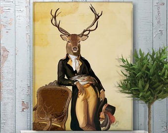 Stag canvas art, Deer in Regency style clothes leaning on golden chair, Woodland deer home decor framed or unframed, Print by Fabfunky Uk