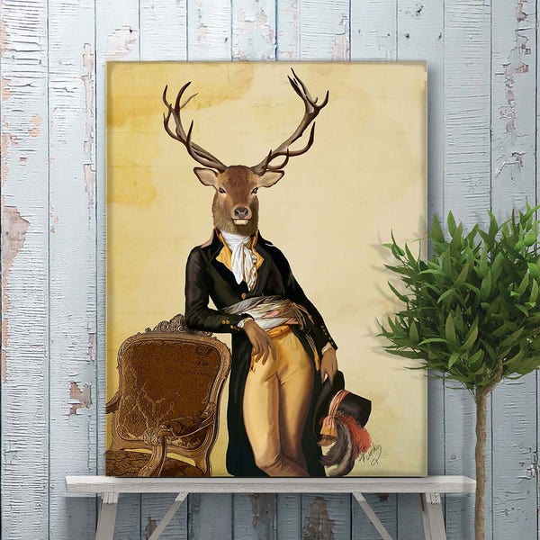 Stag canvas art, Deer in Regency style clothes leaning on golden chair, Woodland deer home decor framed or unframed, Print by Fabfunky Uk