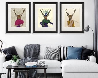 Deer lady collection, Set of 3 prints, Woodland deer art, Womens gift, Stag print, Canvas wall art, Animal illustration, Gifts for her