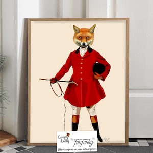 Lámina de cazador de zorros, arte mural para amantes de los zorros, zorro con chaqueta roja, regalo de caza, decoración de animales del bosque para pabellón de caza, divertidos regalos de zorro rojo