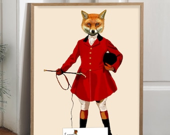 Fox Hunter Art Print, Red Jacket Animal Portrait