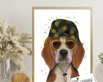 Beagle Art Print, Funny Dog Portrait in Summer Hat, Quirky Wall Art Gift for Beach House Decor