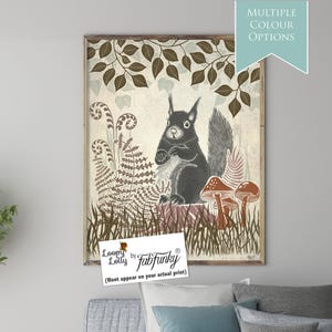Squirrel Art Print, Lino Cut Style Squirrel Wall Art, beautiful portrait, country kitchen home decor, Woodland lover gift, botanical forest
