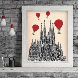Barcelona Print - Sagrada Familia i czerwone balony na ogrzane powietrze Wydruk z balonem na ogrzane powietrze Dekoracja z balonem na ogrzane powietrze Plakat Barcelona Hiszpańskie dekoracje