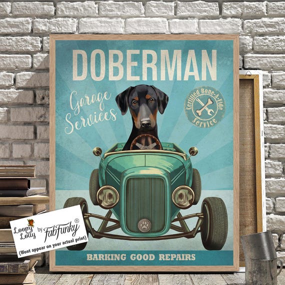 Doberman Hot Rod Art Print, Funny Dog in Vintage Car, Garage Wall