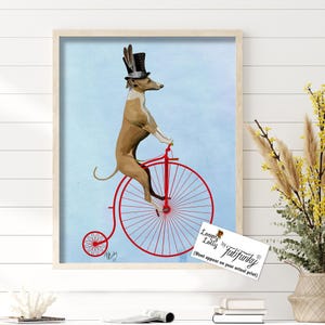 Greyhound Art Print, Red Penny Farthing - Dog on a Vintage Bicycle - Colourful Top Hat Sighthound Poster