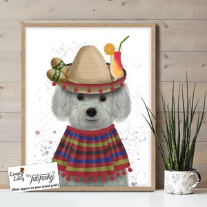 Bichon Frise Art Print - Cute Dog Portrait in Mexican Costume - Funny Handmade Wall Art Gift for Pet Owners